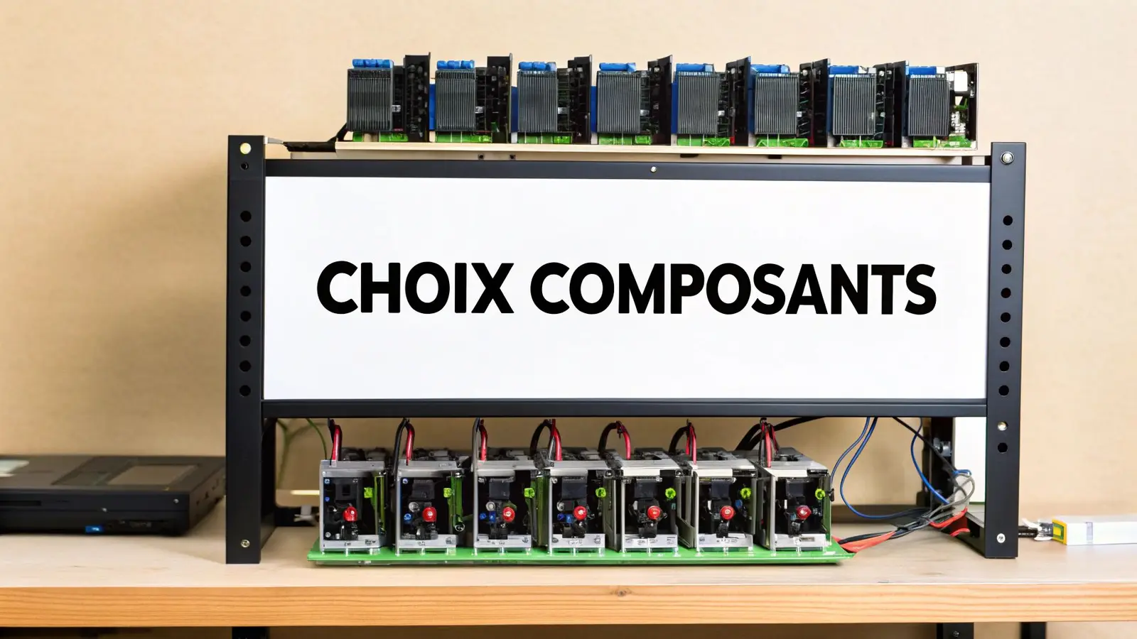 Composants d'un rig de minage : cartes graphiques, carte mère, alimentation et risers PCI-e