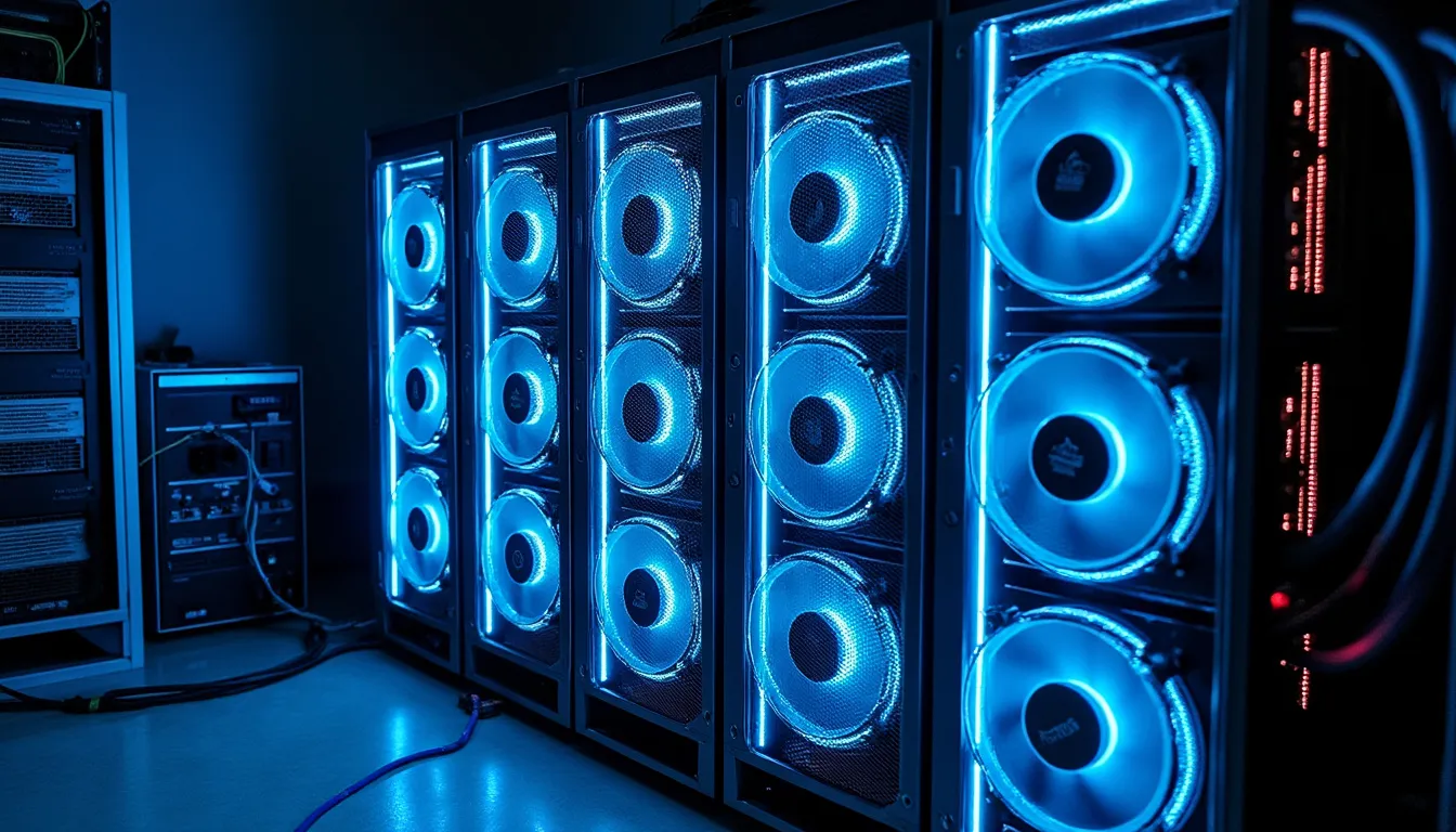 Rangée de boîtiers de minage à ventilateurs éclairés en bleu, câblés dans un local technique sombre