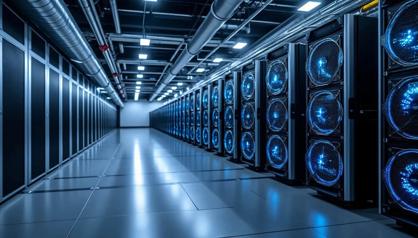Rangée de machines de minage en conteneur, ventilateurs d’extraction visibles le long de l’allée