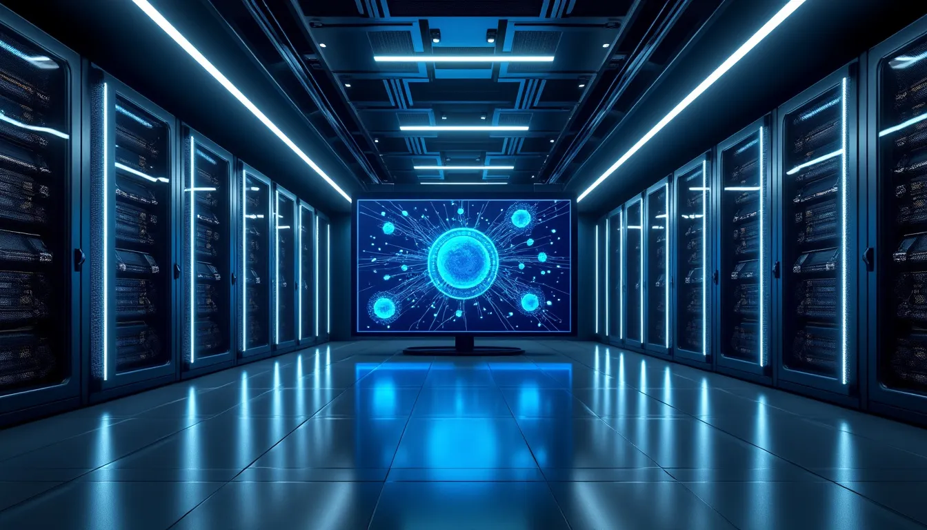 allée d’une salle machines aux baies éclairées en bleu, avec un écran de supervision au fond