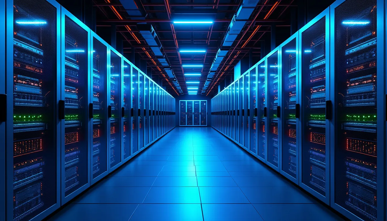Rangée d’Antminer sur étagère métallique, alimentations et câbles Ethernet raccordés à l’arrière