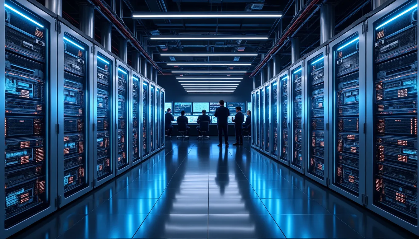 rangée d'appareils de minage bitcoin ASIC en fonctionnement, vue de face sur les blocs de ventilation
