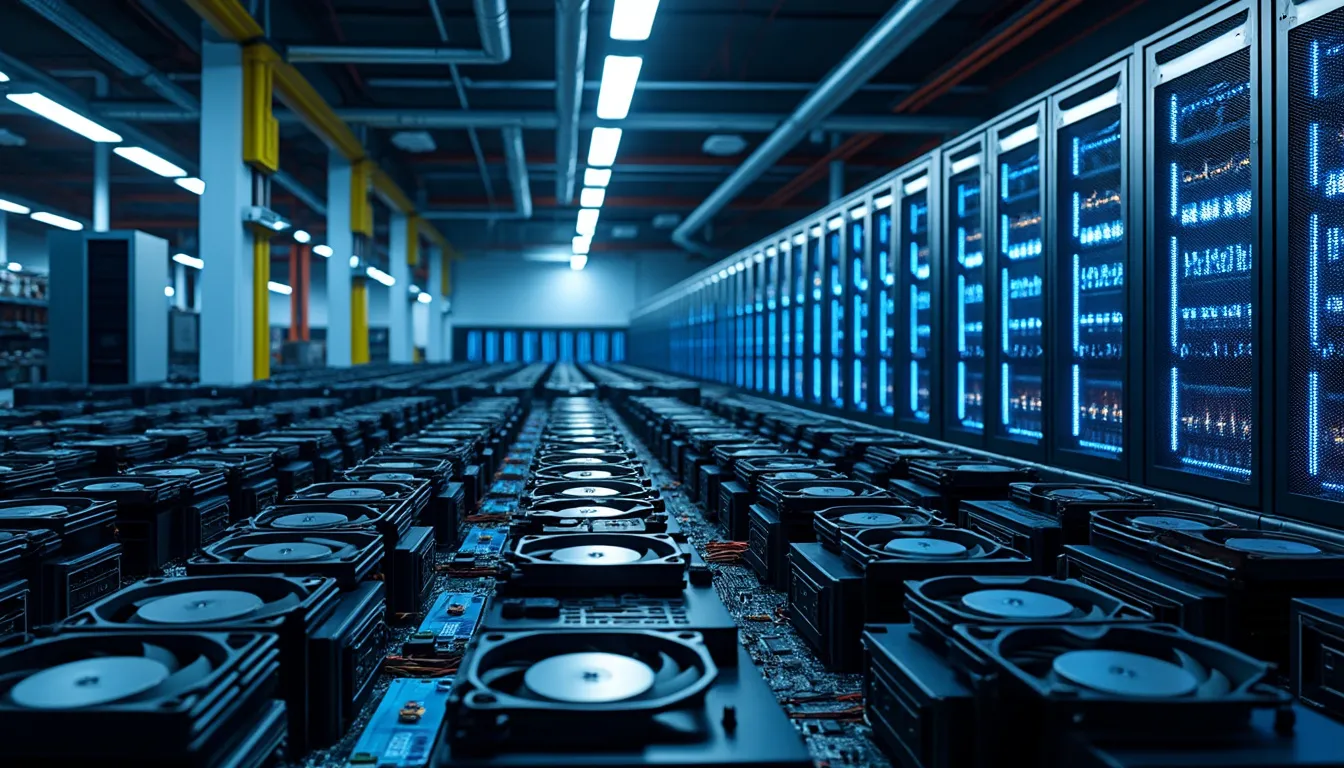rangées de machines de minage dans une ferme crypto