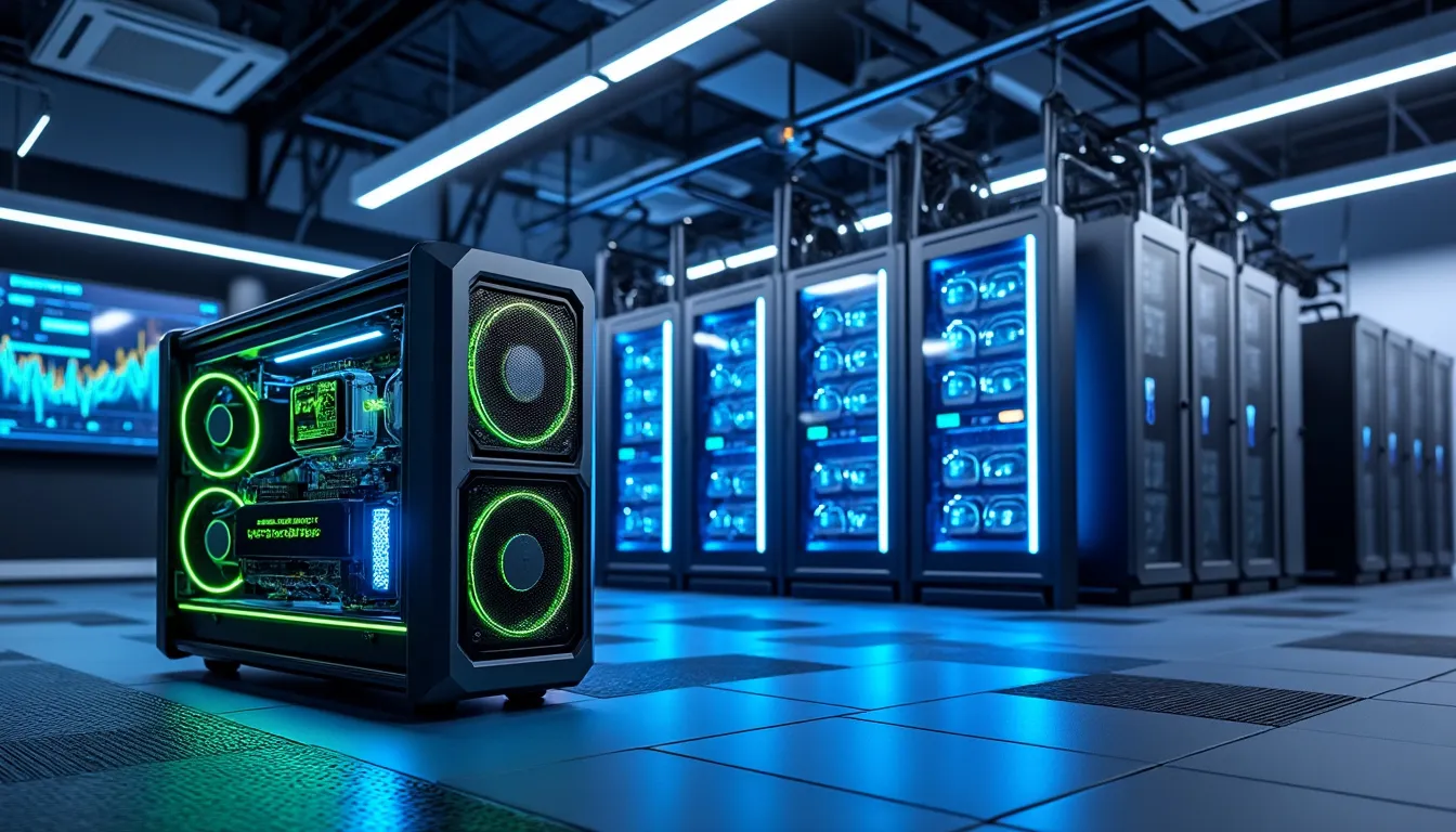 Antminer aligné en rack dans une salle de minage, câbles d’alimentation et gaines de ventilation visibles