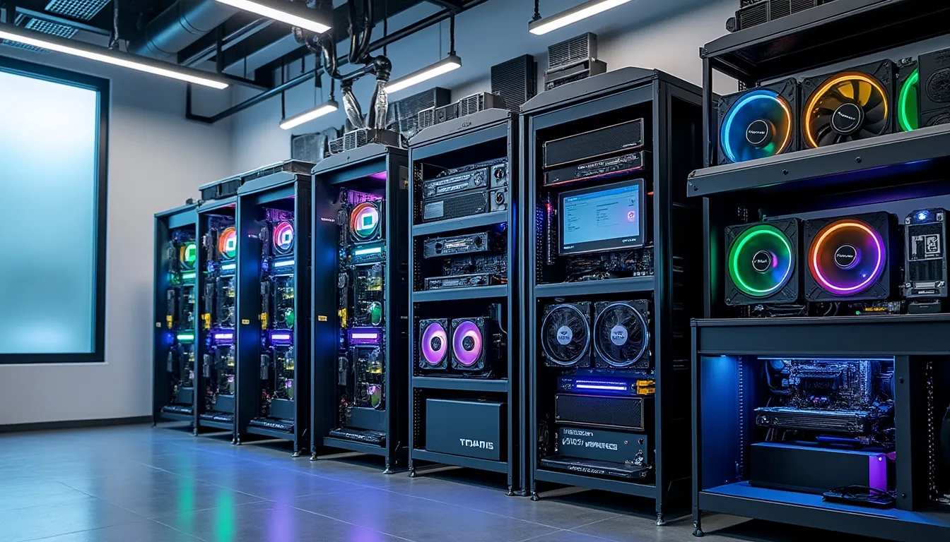 Antminer posé sur un établi, ventilateurs de face et alimentation câblée, dans un atelier