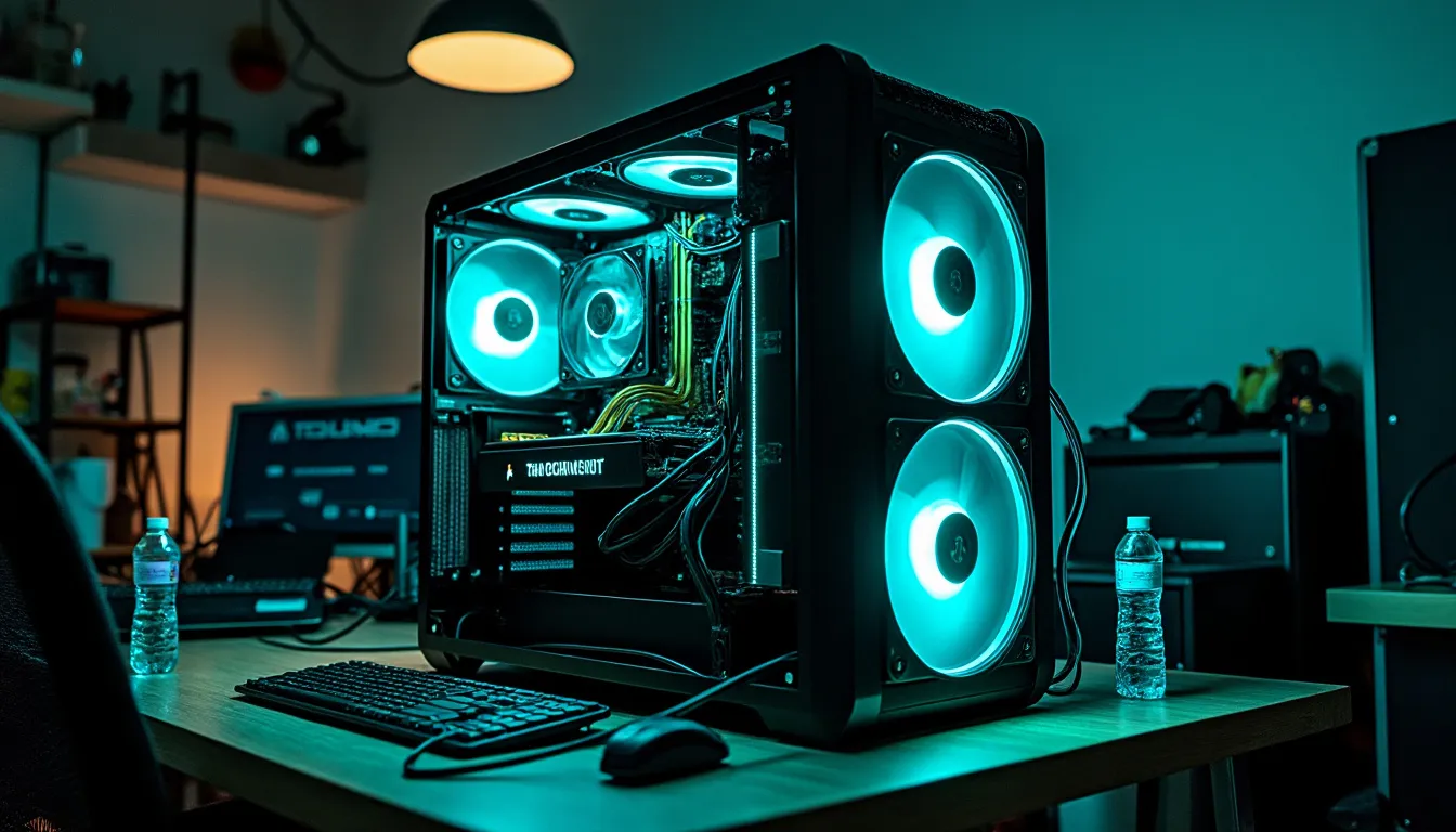 boîtier PC ouvert posé sur un bureau, ventilateurs éclairés en turquoise, clavier et souris devant
