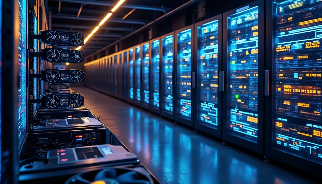 allée d’une salle machines, cartes graphiques alignées sur un rack à gauche, baies éclairées en bleu à droite