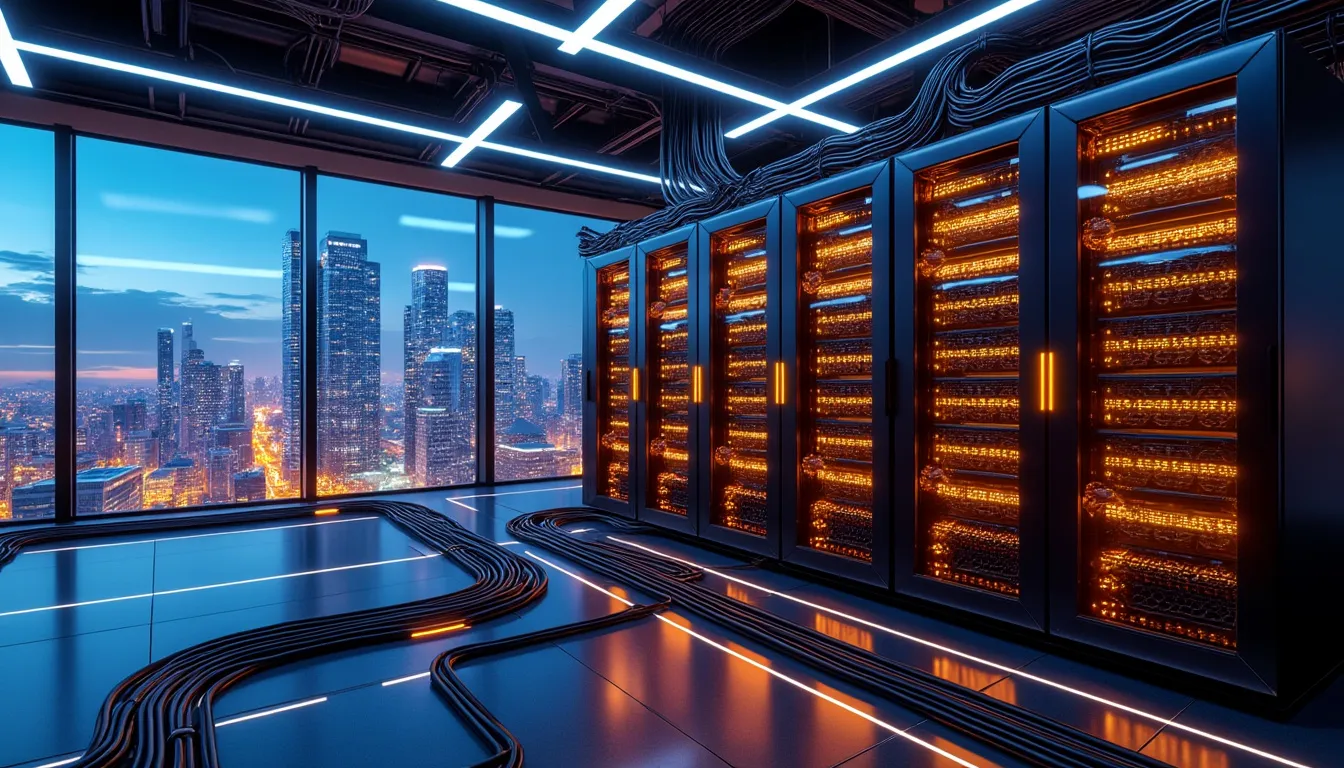 Rangée de mineurs ASIC en fonctionnement dans une ferme de minage de bitcoin