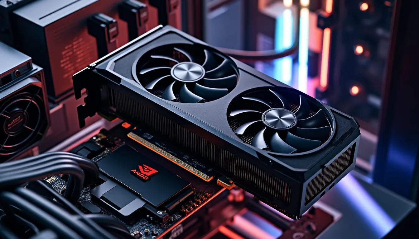 Carte graphique Radeon RX 7900 GRE vue de trois quarts, ventilateurs et connecteurs d’alimentation 8 broches visibles